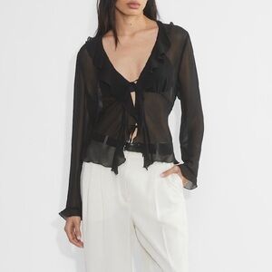 Wilfred Aritzia Sheer Black Ruffle frenchy Blouse